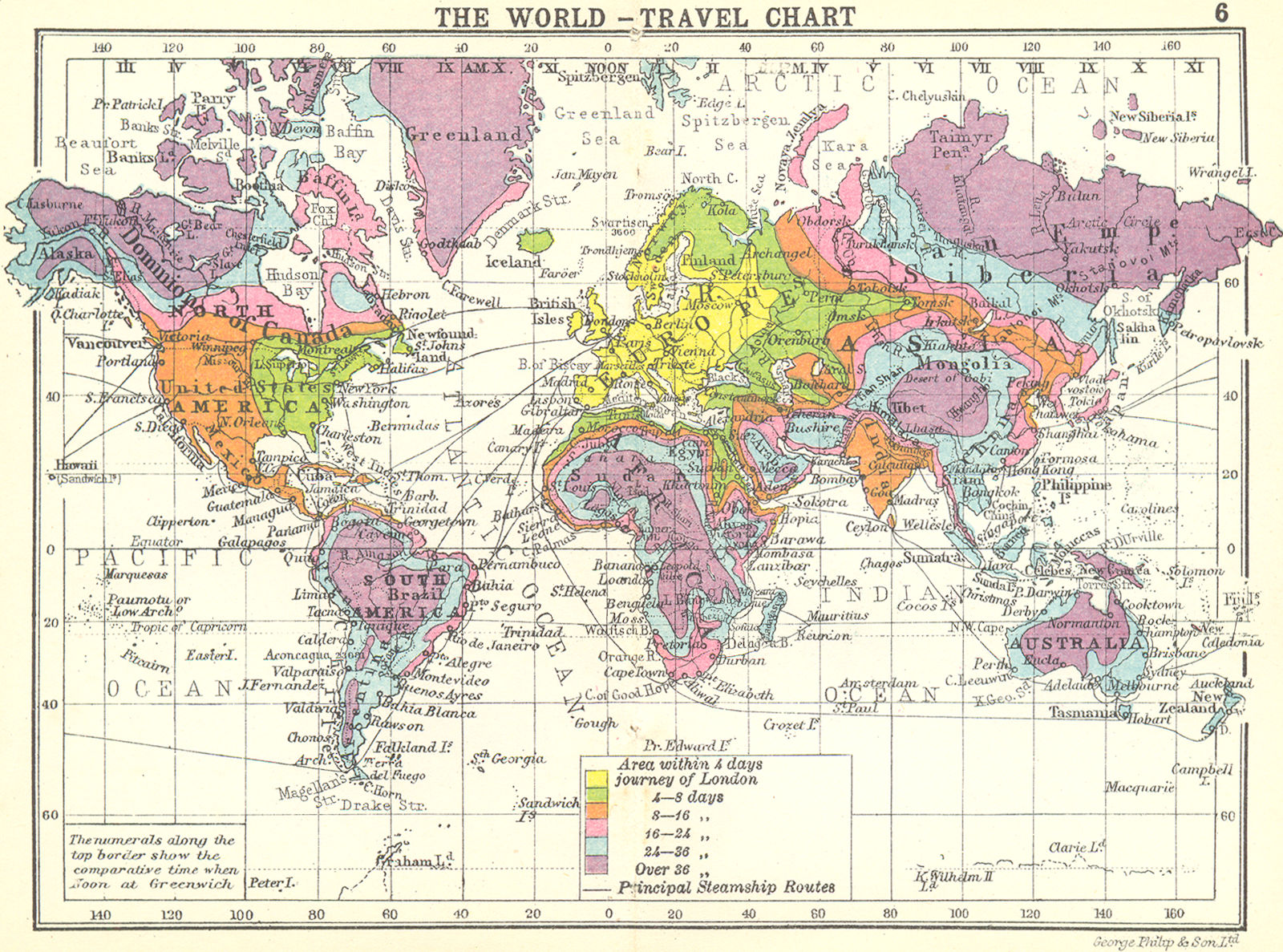 WORLD. The World-Travel chart; Small map 1912 old antique plan